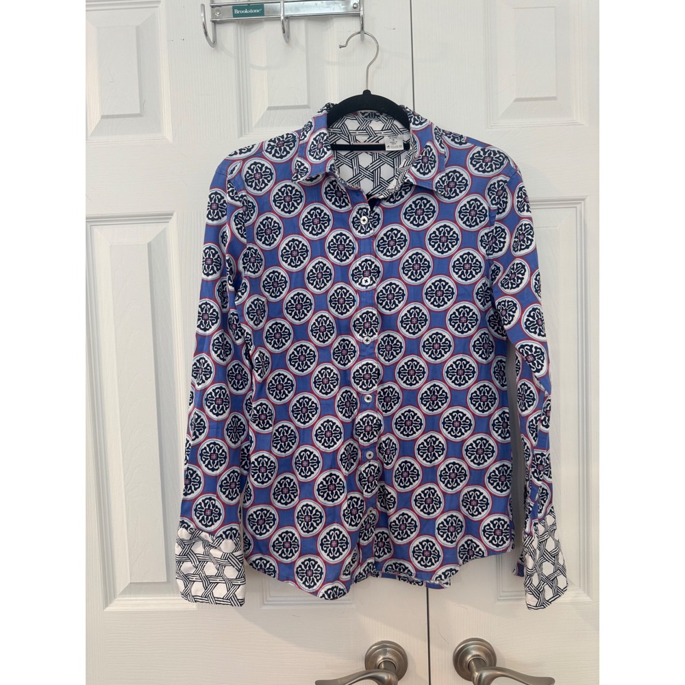 Tizzie Womens Blue Red Medallion Print Button Up Shirt Cotton Lycra Small